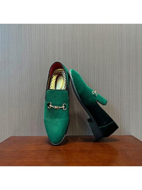 Men\'s Green Velvet Penny Loafers Metal Buckle Slip On Luxury Suede Formal Shoes main image 2